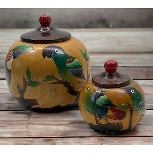 Tropical Birds Wooden Trinket Jar Box Set Toucan Parrots Lidded Vintage